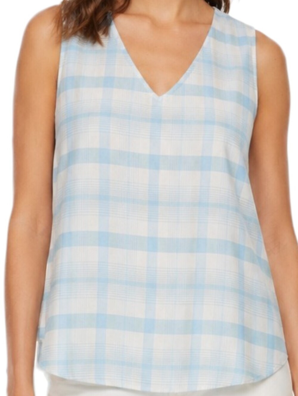 Aritzia Babaton Murphy Blouse Women Medium Blue White Plaid V Neck